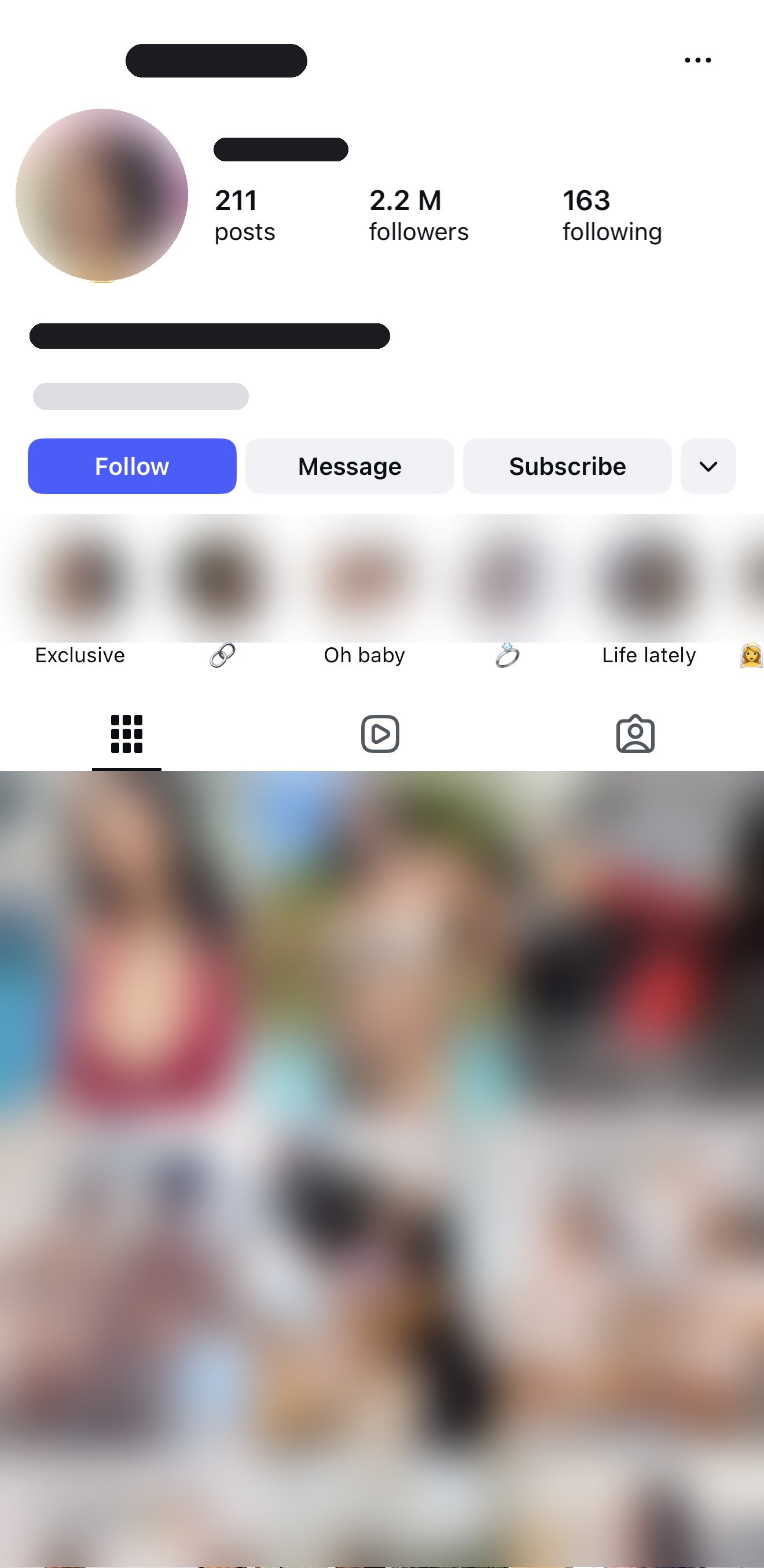 Instagram profile with 2.2M followers, identity hidden